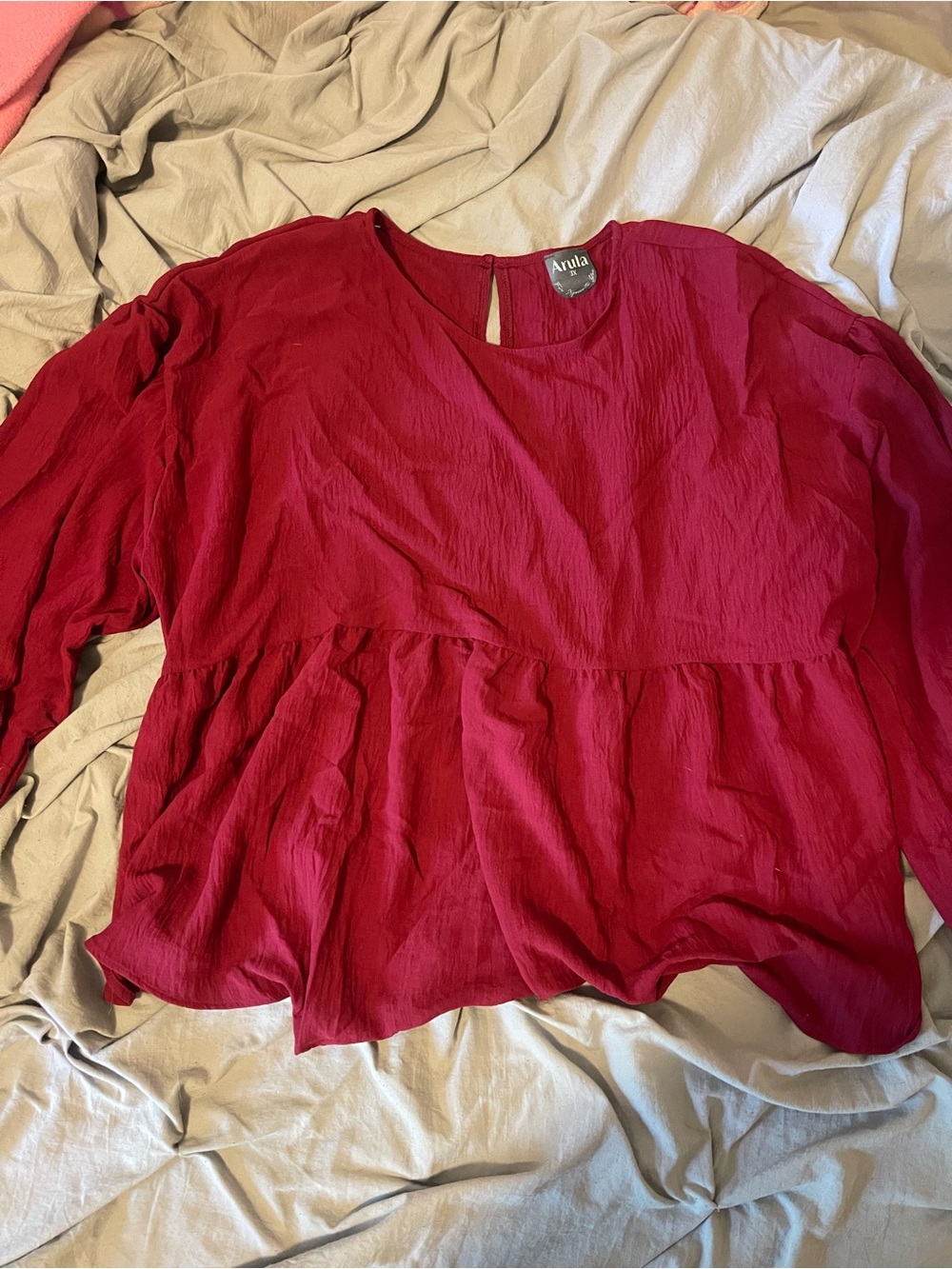 ARULA Raspberry Red Long-Sleeve Peplum Blouse